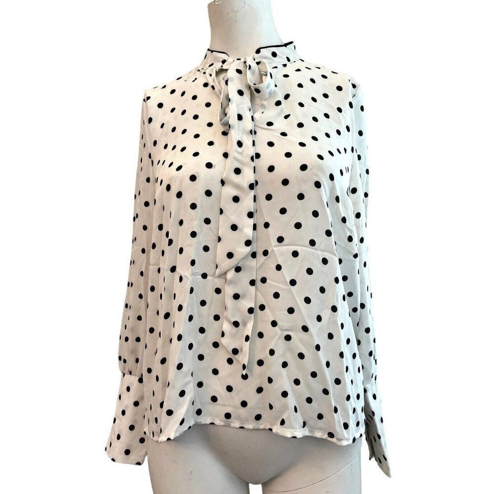 Haute Monde Women’s S Polka Dot Blouse Ties Pearl Buttons on Cuffs Black White